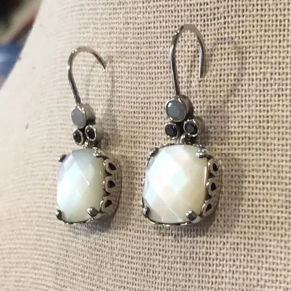 PANDORA Sterling Silver Cushion Cut Mother Of Pearl Drop Earrings AUTHENTIC